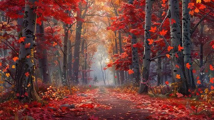 Fototapeta premium Picturesque Autumn Forest Path Covered in Fallen Leaves. AI generated illustration
