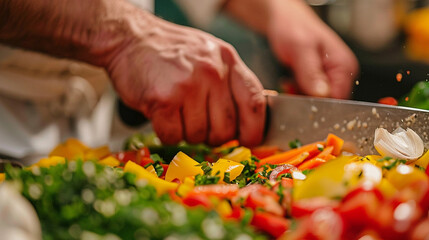 Close-up of a chef's hands slicing vegetables with a sharp knife, showing the textures of the ingredients