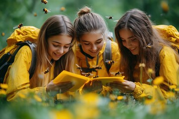 Students observing insects, nature study, flat design illustration, No logo, No Trademark, No text, minimal concept with copy space for stock photo