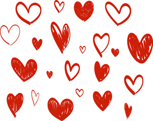 Set of elements with hand drawn cute red hearts vector illustration.  Heart shaped vector illustration set. mother's day, greeting card, wallpaper or gift wrapping design.