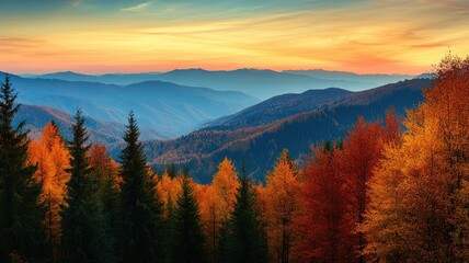 Obraz premium Scenic mountain landscape at sunset with forested hills and colorful autumn foliage