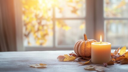 Autumn scene with candle, pumpkin, and leaves on table by window