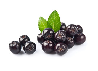Aronia berries with leaves on white backgrounds