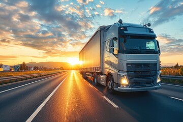 Semi Truck Driving on a Highway at Sunset