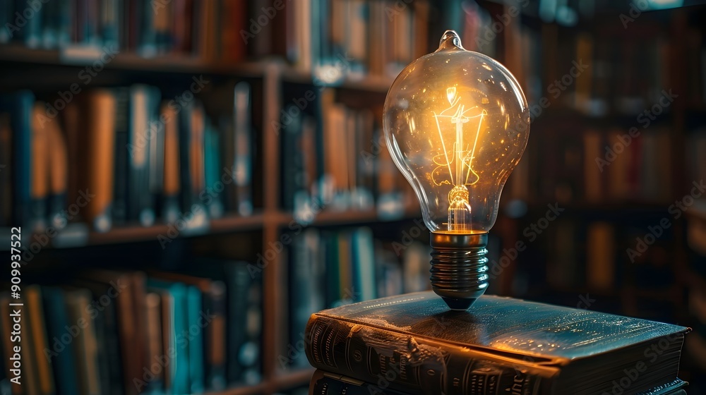 Poster Glowing Light Bulb Among Books in a Cozy Library Representing Knowledge and Ideas