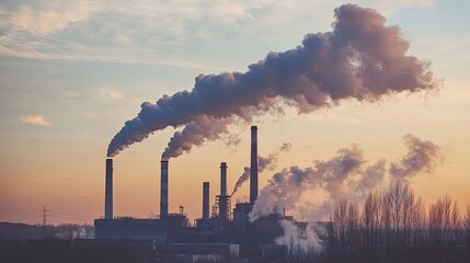 Factory chimneys releasing smoke into the air, creating pollution and environmental issues, set against the sky