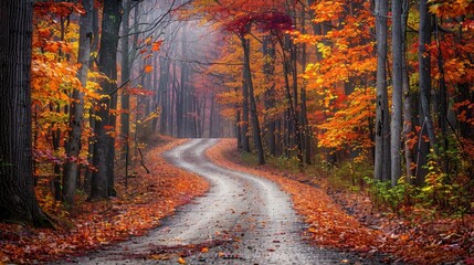 Winding forest path covered in vibrant autumn leaves, creating a picturesque fall landscape bathed in soft, misty light.