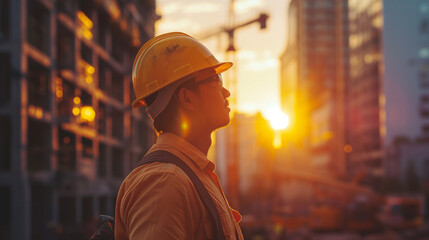 Obraz premium Happy construction workers working at construction site, use natural light.