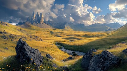 Breathtaking landscape featuring rolling hills, rocky formations, and a serene stream under dramatic clouds.