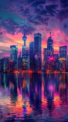 Fototapeta premium Vibrant City Skyline at Dusk with Illuminated Buildings and Reflections in the River. AI generated illustration