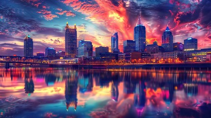 Obraz premium Vibrant City Skyline at Dusk with Illuminated Buildings and Reflections in the River. AI generated illustration