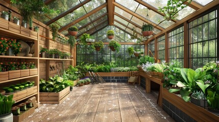 Fototapeta premium Lush Garden Oasis Sustainable Living in a WoodFramed Greenhouse