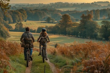 Two Cyclists Riding Through Scenic Landscape During Golden Hour in Autumn