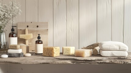 Organic Luxury Artisan Soaps and Natural Sponges on Wood Grain Tabletop