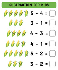Subtraction game with corn. Educational math game for preschoolers kindergarten. Matching game.