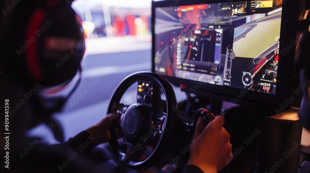 Aufkleber A player navigates a racing simulator, focused on the screen displaying a high-speed race, surrounded by a vibrant gaming environment.