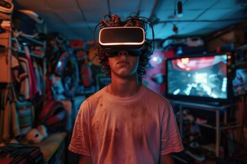 Obraz premium A person with curly hair is seen wearing a virtual reality headset and standing in a cluttered room filled with various items and gaming equipment.