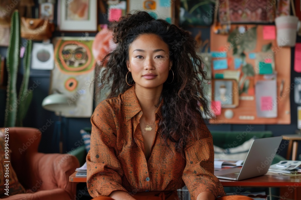 Wall mural A woman with wild curly hair sits confidently in a colorful and eclectic art studio filled with various artworks and creative supplies, symbolizing creativity and freedom.