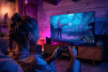 Fototapeta premium A person is seen engrossed in a video game, holding a controller while sitting in a cozy, wooden room with a large TV screen depicting an action scene, embodying relaxation and enjoyment.