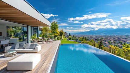 Modern House with Infinity Pool Overlooking City and Mountains