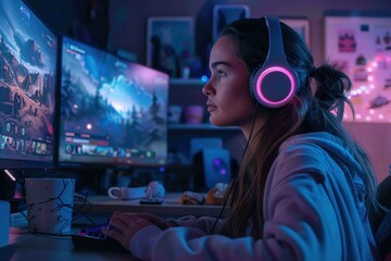 Obraz premium A girl with glowing pink headphones is immersed in a video game, using a dual monitor setup in a room with dim lighting and a cozy, creative ambiance.