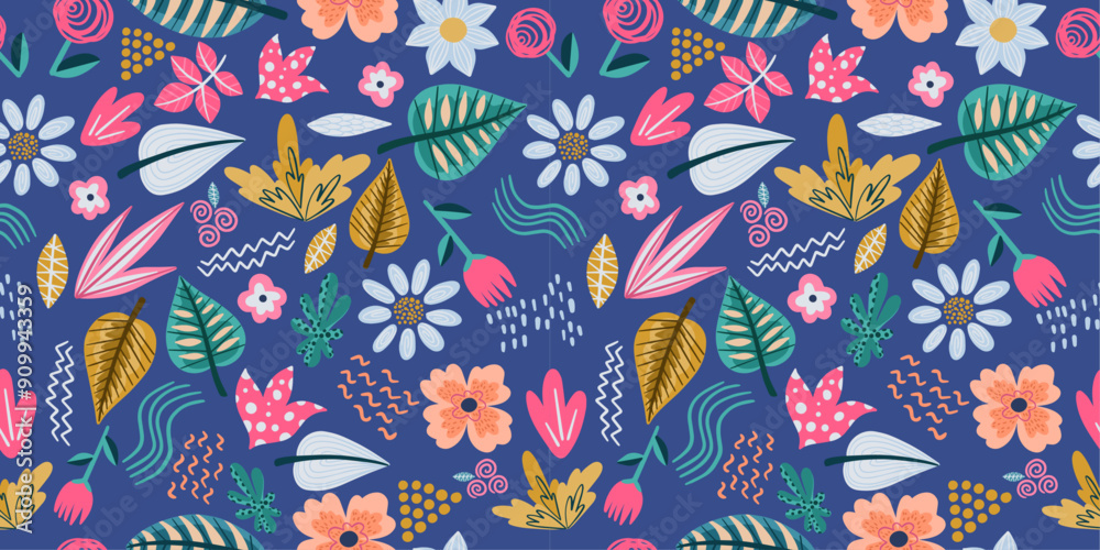 Poster Pattern of different types of leaves. Vector seamless and stylish pattern of leaves. Blue background.