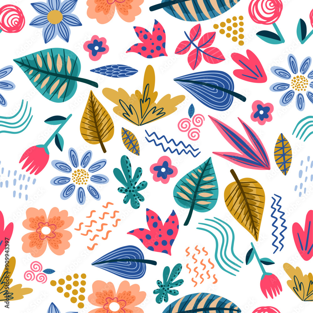 Poster Pattern of different types of leaves. Vector seamless and stylish pattern of leaves.