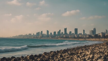 Naklejka premium view strict modern Tel shore Aviv Beach Water Sky Office Nature City Landscape Building Sea Architecture Wave Blue Color Hotel Sand Financial Skyline Urban Cityscape Weather Mediterra