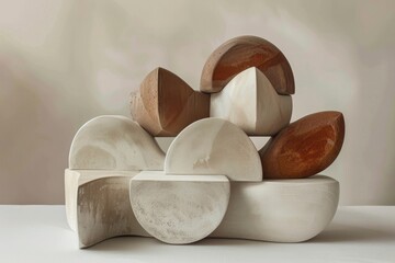 Modern abstract sculpture with geometric shapes in earthy tones