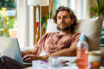 Man working on a laptop at home with an IV drip, demonstrating a blend of health and technology in a relaxed setting.