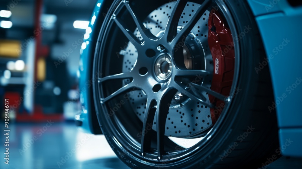 Poster A close-up view of a sleek car wheel featuring a red brake caliper, showcasing intricate design and performance in an automotive workshop setting.