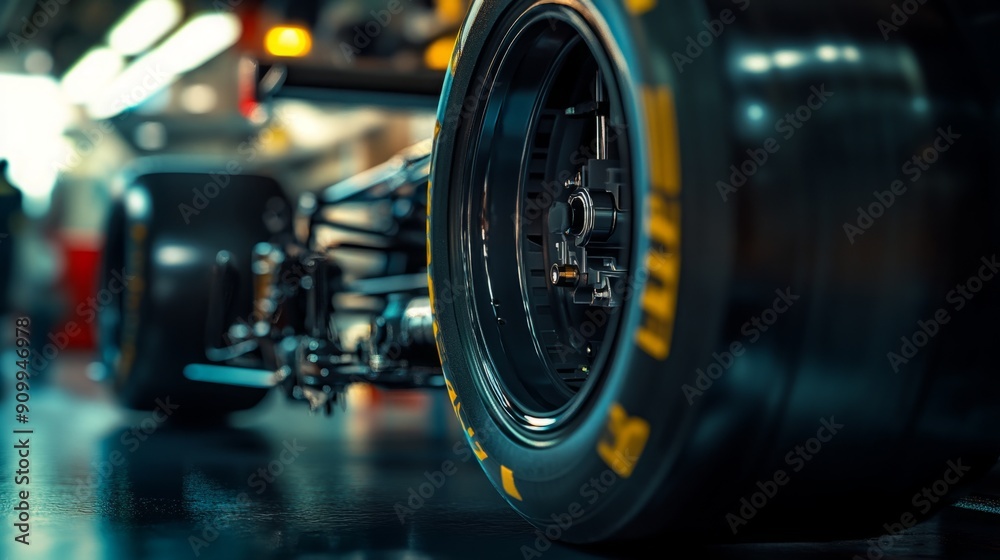 Poster a racing car tire is prominently displayed in a workshop, showcasing intricate details as mechanics 