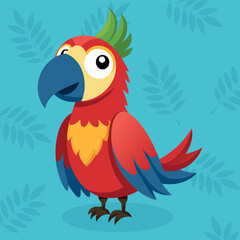 Cute parrot vector cartoon style. Parrot with bright colorful feathers. Exotic jungle blue, yellow and green birdie with beak and wings. Wild cheerful animal mascot.