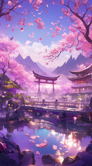 Obraz premium A beautiful scene of a river with a bridge and cherry blossoms