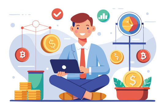Investor evaluating cryptocurrency portfolio, analyzing Bitcoin and dollar coin balance