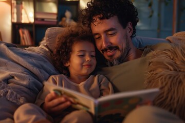 Fototapeta premium A parent and their little child are seen reading a book together on a comfortable couch. The scene is warmly lit and cozy, perfect for bedtime reading.
