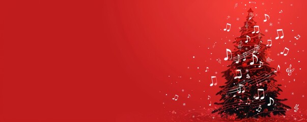 Festive Christmas tree adorned with musical notes on a vibrant red background