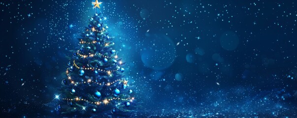 Christmas tree decorated with blue balls and stars in a magical night scene