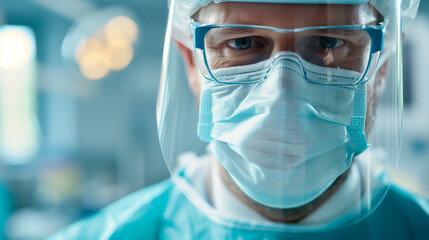 A close-up shot of a dentist's male face wearing a shield