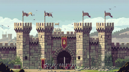 Colorful 16-bit pixel art castle perched atop an arch bridge with a scenic backdrop