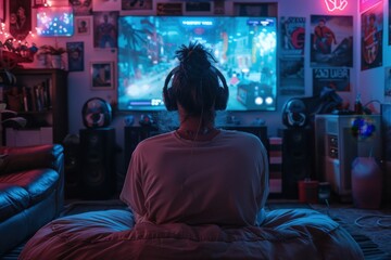 Naklejka premium An individual enjoys gaming on a large screen in a well-decorated room filled with colorful lighting and gaming paraphernalia, providing a comfortable and focused experience.