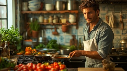 Fototapeta premium A Young Man Cooking Delicious Meals in a Cozy Kitchen Full of Fresh Ingredients
