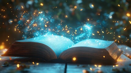 Magical Open Book with Glowing Blue Light and Sparkling Particles on Wooden Table in Enchanted Forest