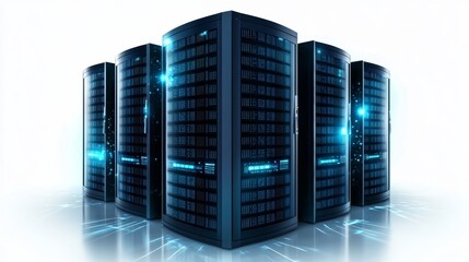 A row of powerful servers with glowing blue lights, representing data storage and processing.