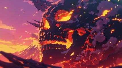 A skull with fire and lava coming out of it. The skull is surrounded by a mountain and the sky is orange.