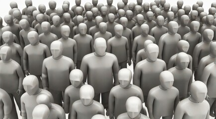 Fototapeta premium Anonymous crowd of gray 3D human figures, large group of faceless people standing together, abstract population and community concept