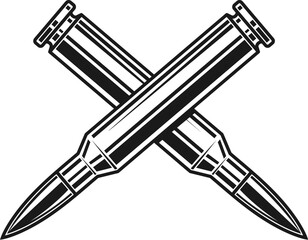 Naklejka premium Crossed bullets cartridges from assault rifle. Design element for poster, card, banner, sign, logo, label, emblem. Vector illustration