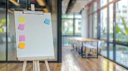 Flip chart by sticky notepapers on wall in office. AI generated illustration