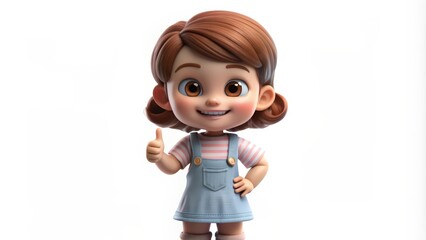Cheerful Cartoon Girl with Brown Hair and a Thumbs Up