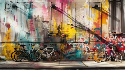 cans with spray paint and ladder near colorful graffiti on wall of building in city. AI generated illustration